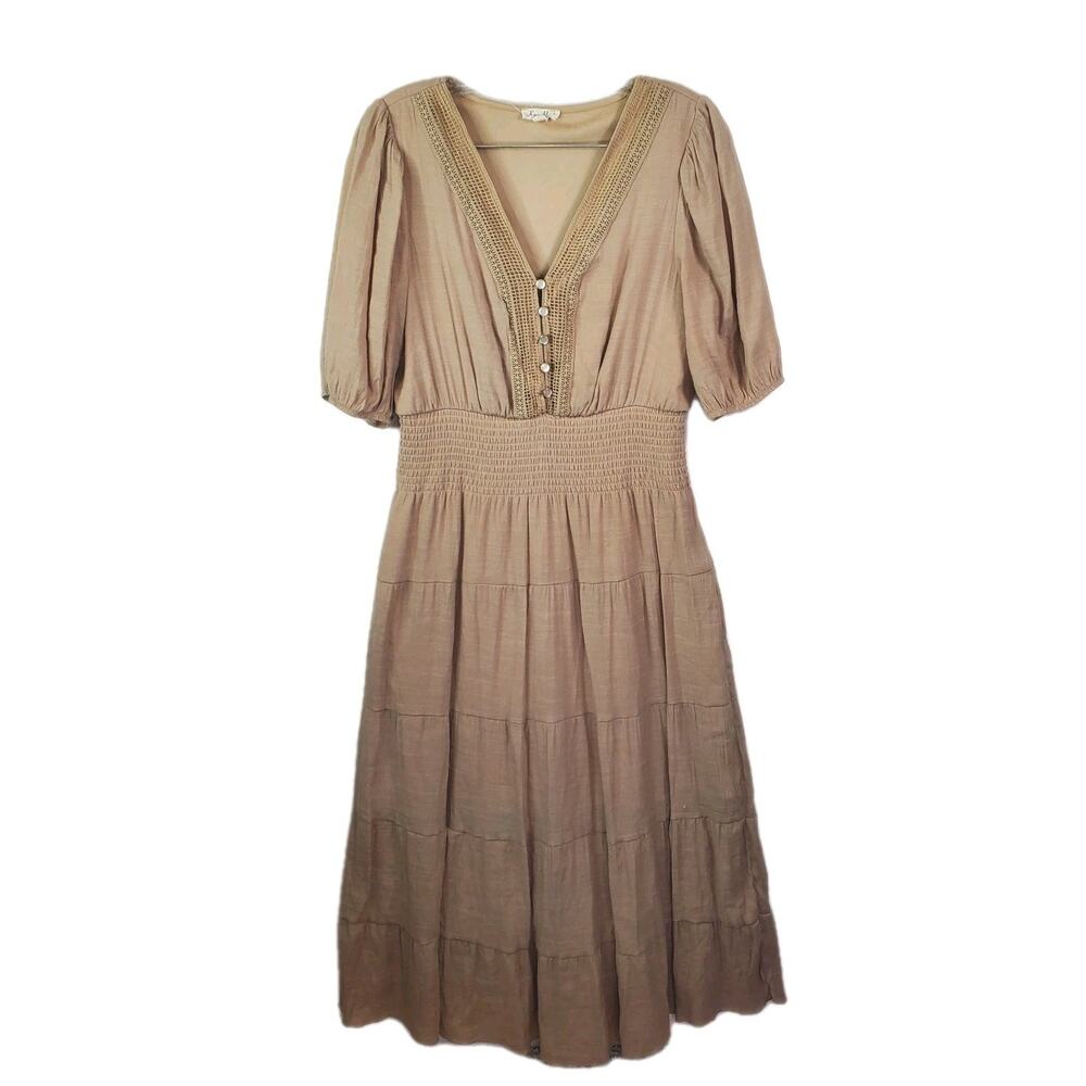 Kings Road Peasant Tiered Maxi Dress Smocked Crotchet Puff Sleev Sz Large A Line